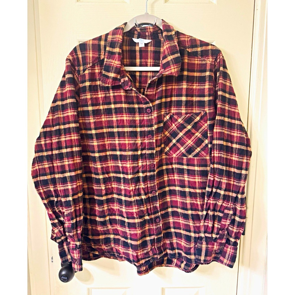 Time and Tru Plaid Flannel Button-Up Shirt Womens 2XL Burgundy